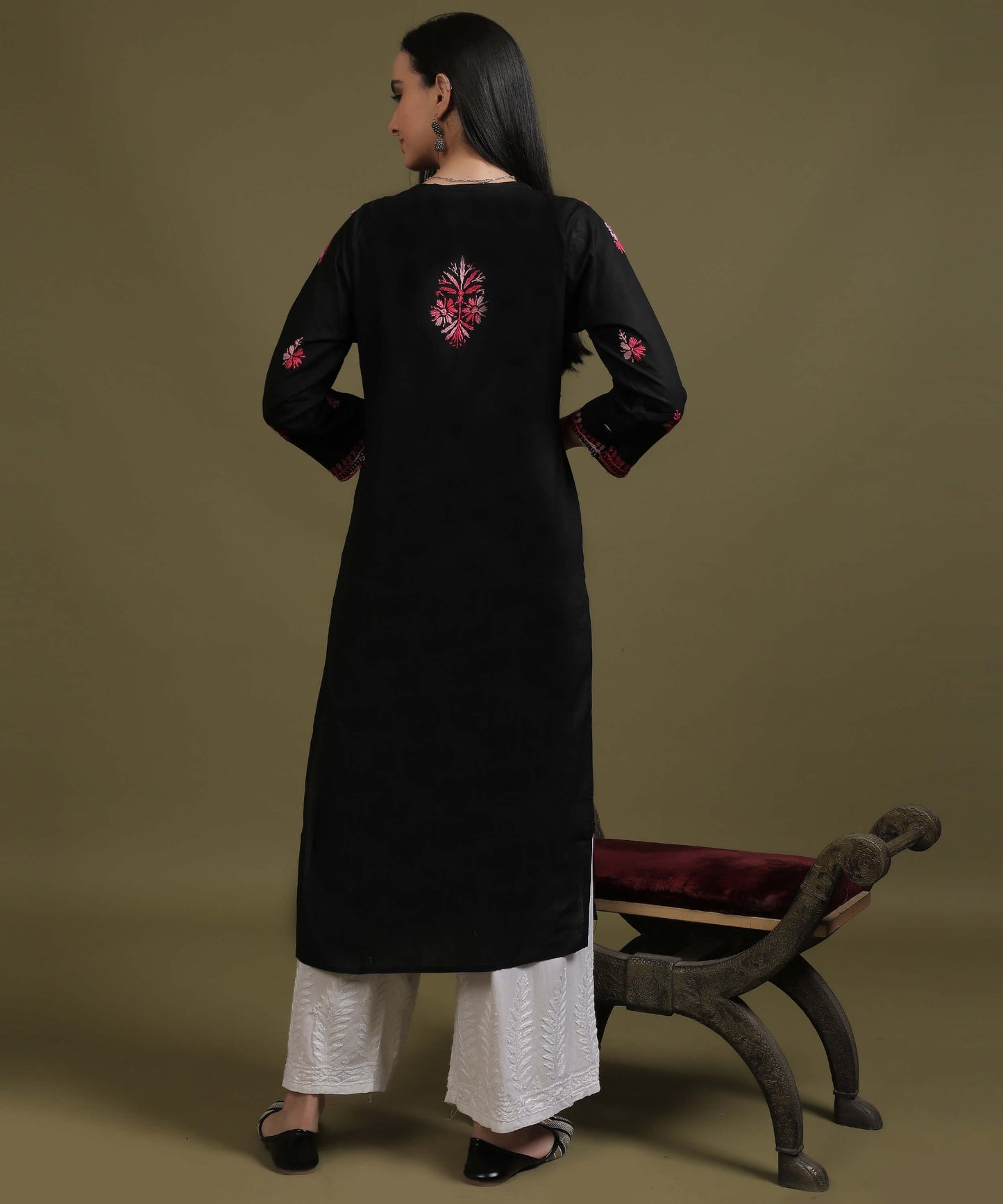 NEA Chikankari Black Cotton Kurti With Shaded Pink Embroidery