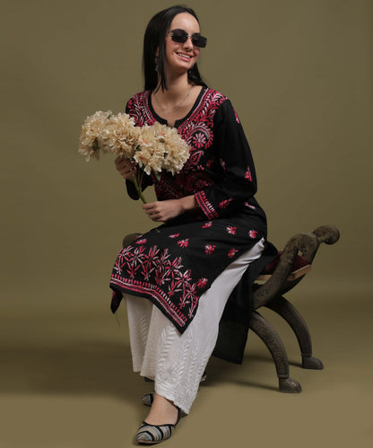 NEA Chikankari Black Cotton Kurti With Shaded Pink Embroidery
