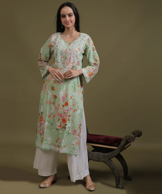 NEA Chikankari Mulmul Printed Green Kurta With White Embroidery