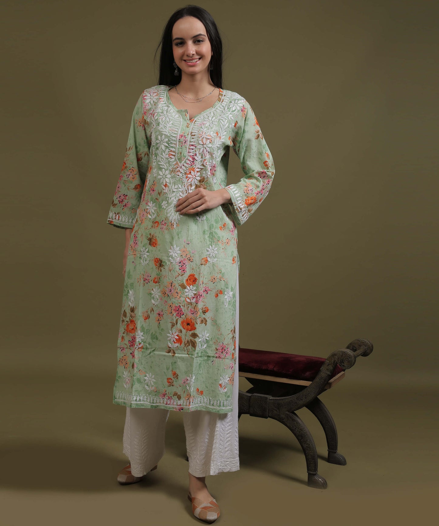 NEA Chikankari Mulmul Printed Green Kurta With White Embroidery