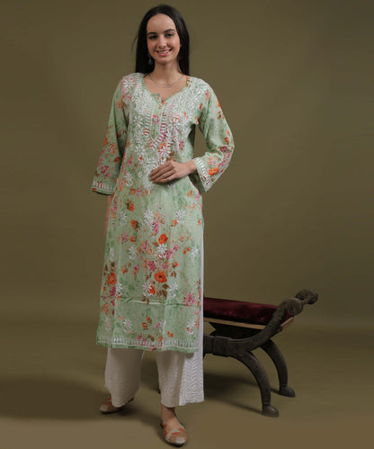 NEA Chikankari Mulmul Printed Green Kurta With White Embroidery