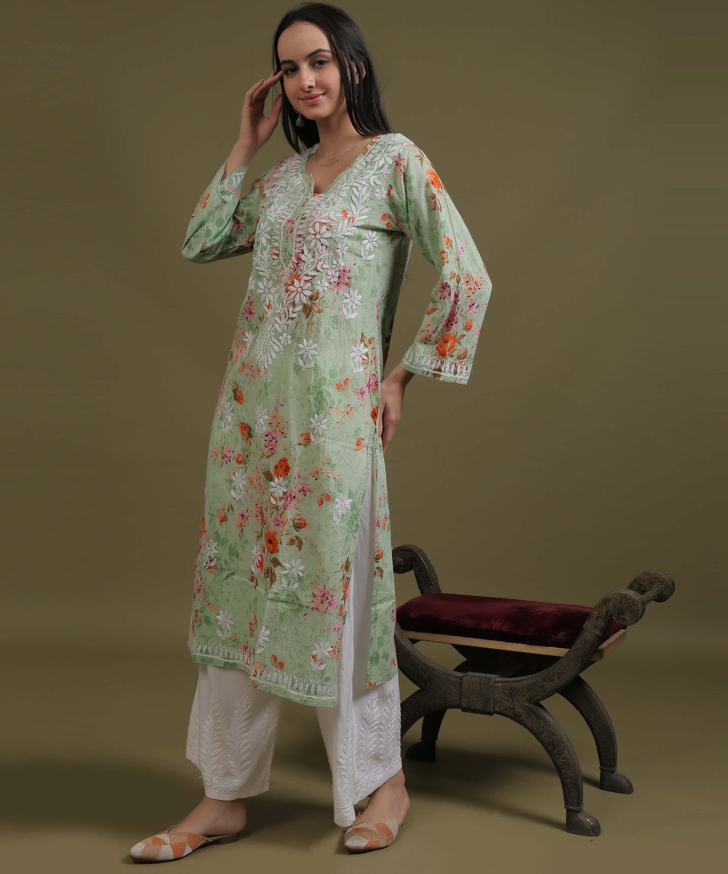 NEA Chikankari Mulmul Printed Green Kurta With White Embroidery