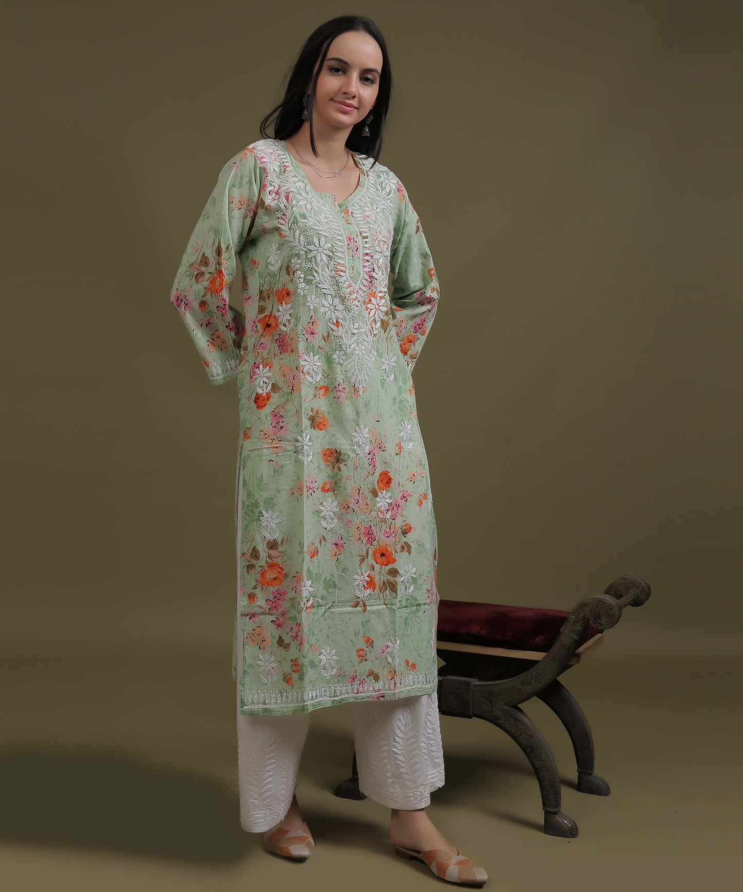 NEA Chikankari Mulmul Printed Green Kurta With White Embroidery