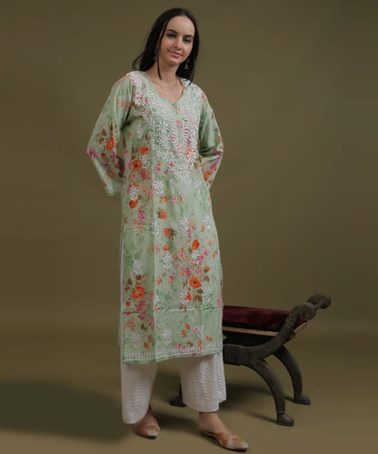NEA Chikankari Mulmul Printed Green Kurta With White Embroidery
