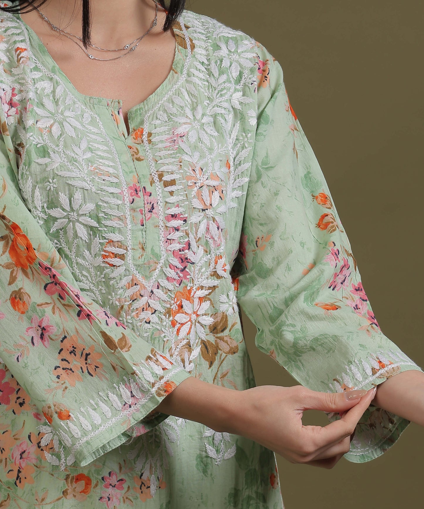 NEA Chikankari Mulmul Printed Green Kurta With White Embroidery