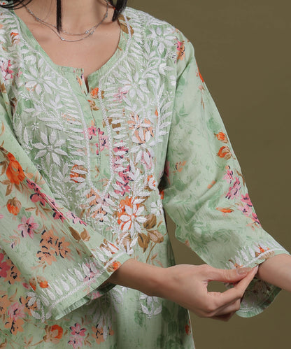 NEA Chikankari Mulmul Printed Green Kurta With White Embroidery