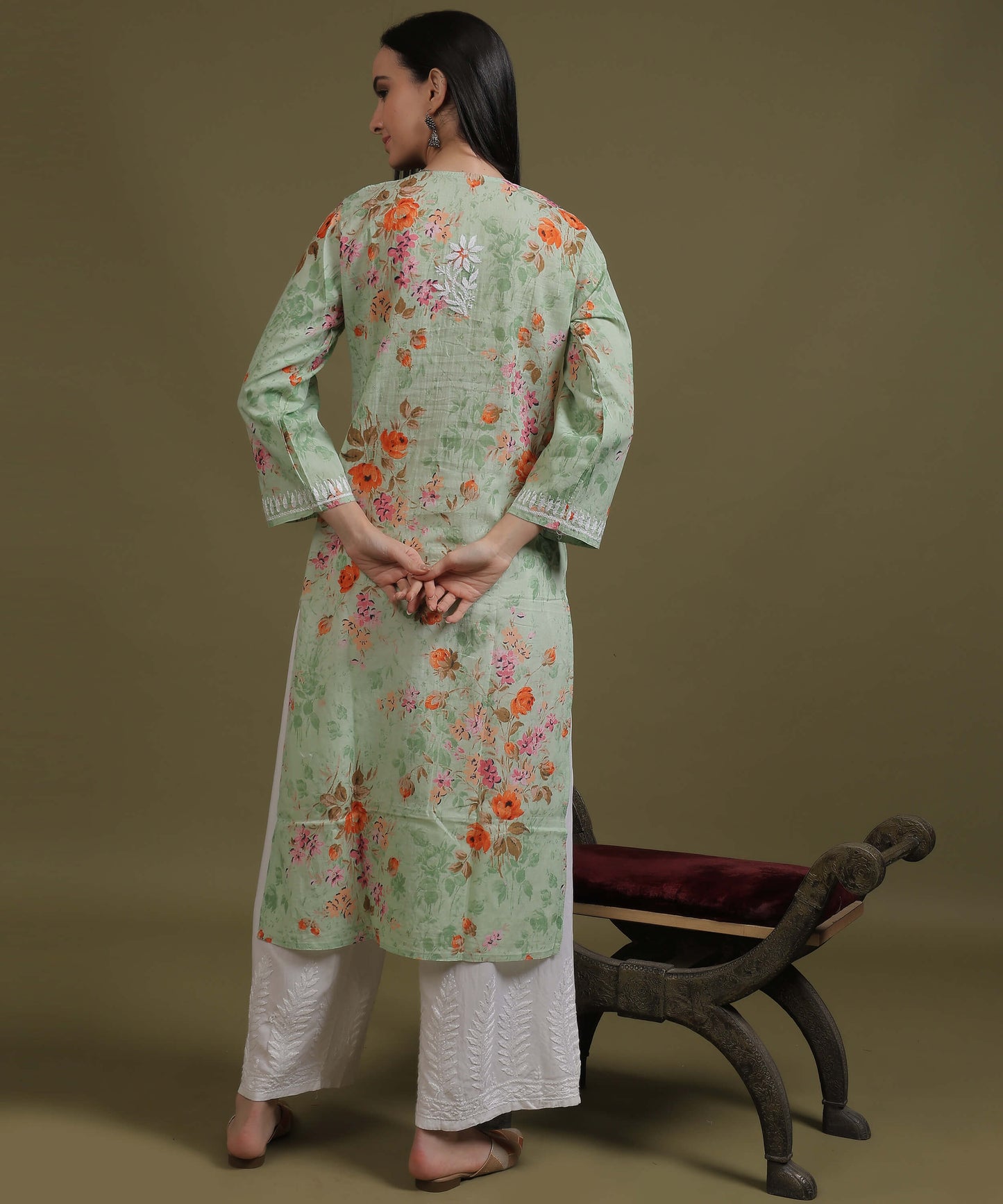 NEA Chikankari Mulmul Printed Green Kurta With White Embroidery