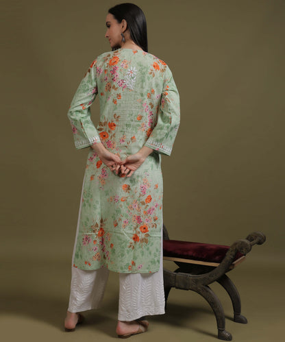 NEA Chikankari Mulmul Printed Green Kurta With White Embroidery