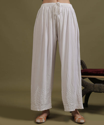 NEA Chikankari Plus Size White Rayon Palazzo