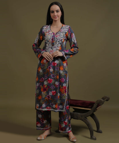 NEA Chikankari Rayon Printed Purple Palazzo Set With White Embroidery