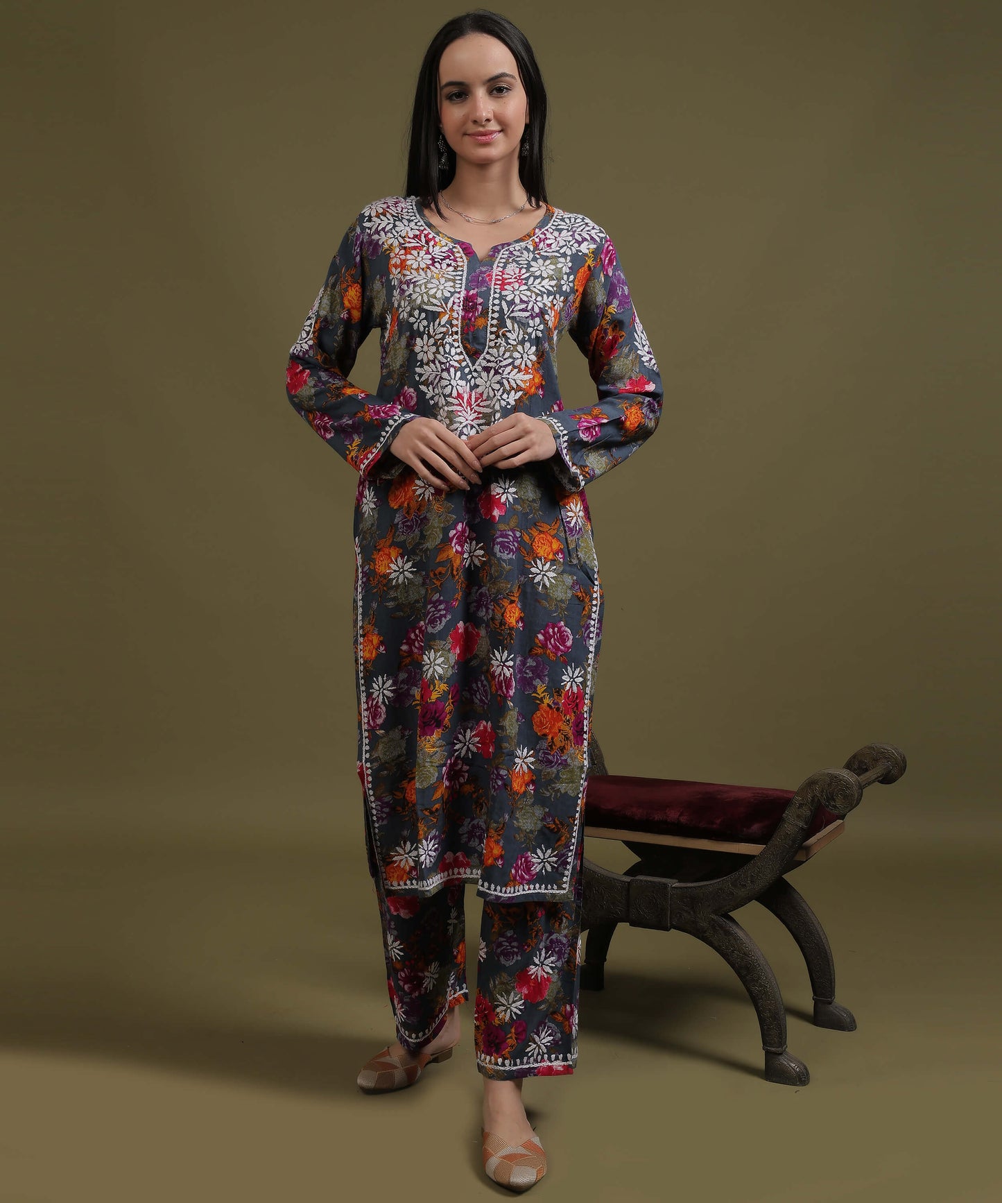 NEA Chikankari Rayon Printed Purple Palazzo Set With White Embroidery