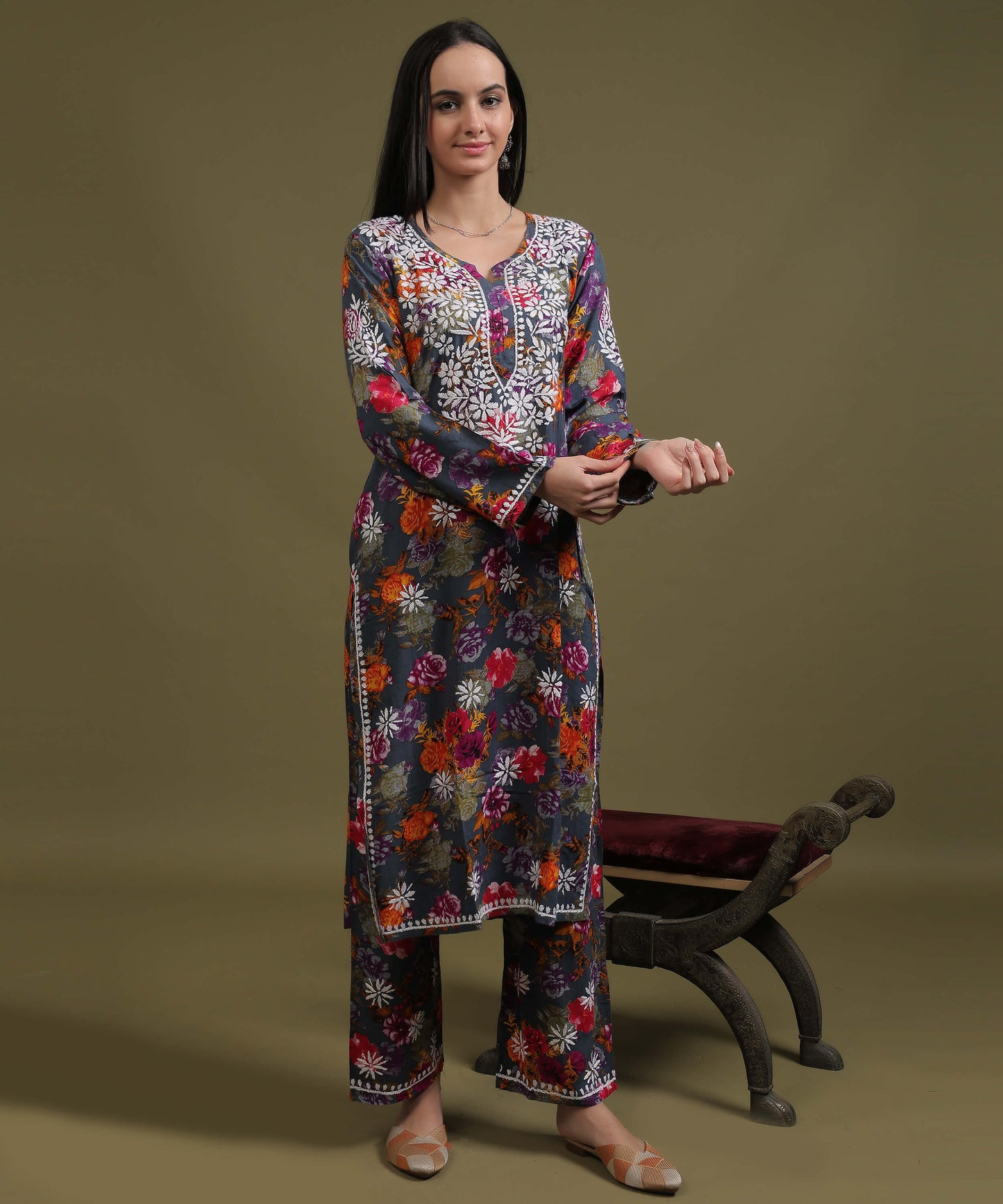 NEA Chikankari Rayon Printed Purple Palazzo Set With White Embroidery
