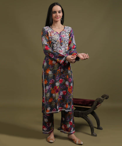 NEA Chikankari Rayon Printed Purple Palazzo Set With White Embroidery
