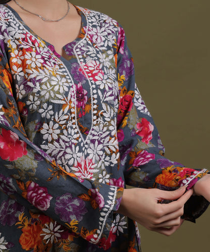 NEA Chikankari Rayon Printed Purple Palazzo Set With White Embroidery