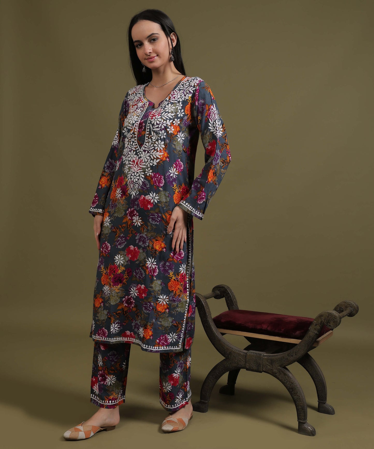 NEA Chikankari Rayon Printed Purple Palazzo Set With White Embroidery