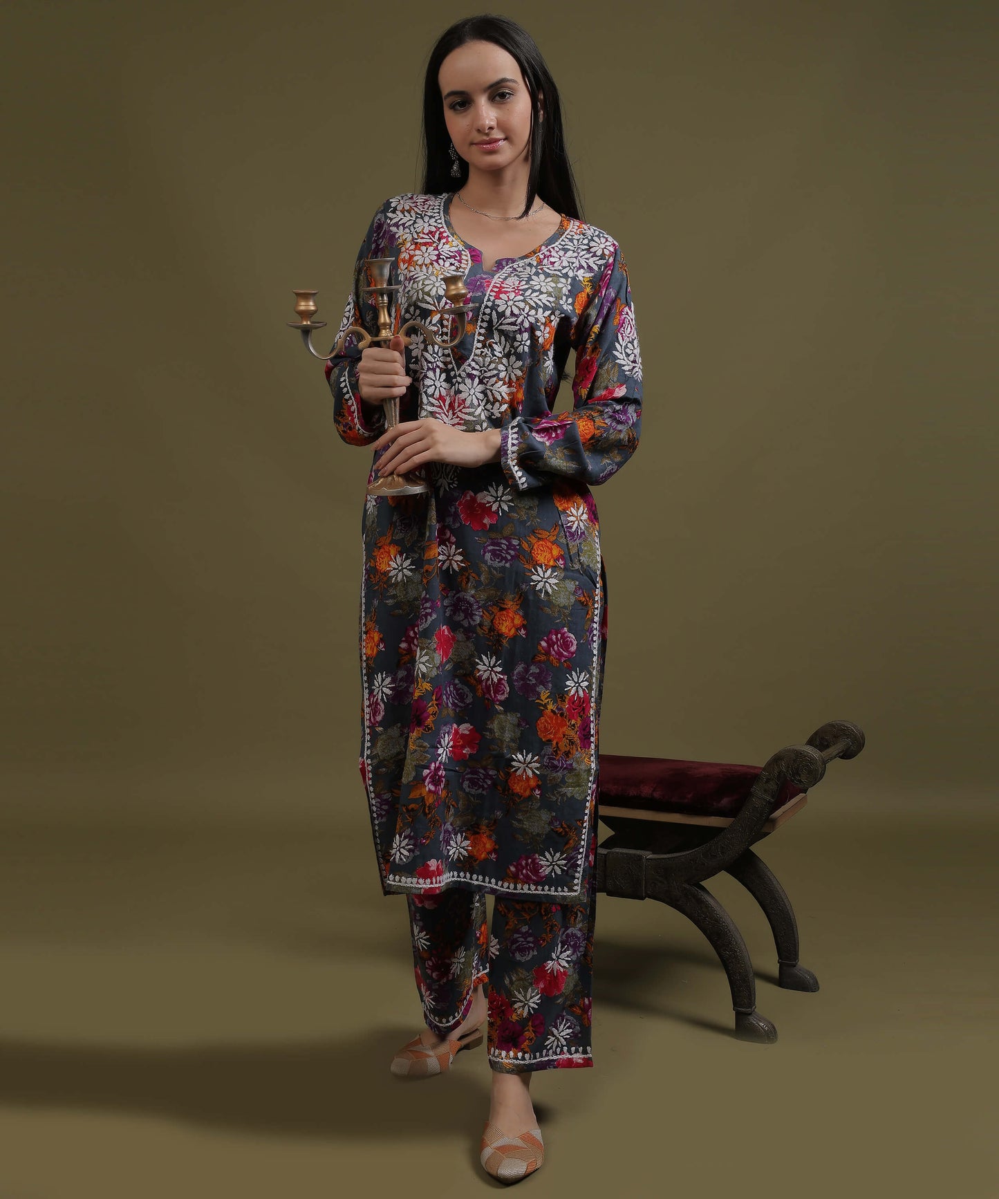 NEA Chikankari Rayon Printed Purple Palazzo Set With White Embroidery