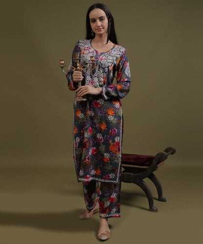 NEA Chikankari Rayon Printed Purple Palazzo Set With White Embroidery