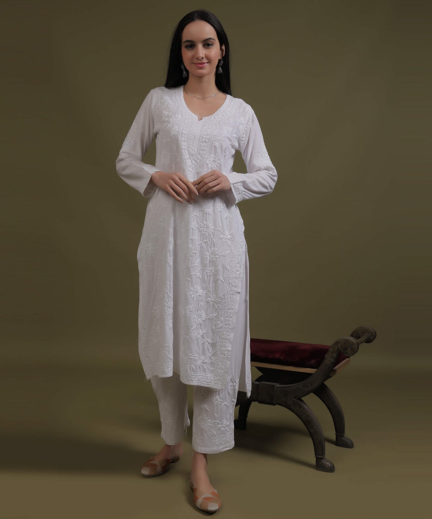 RUMI White Rayon Full Jaal Work Palazzo Set