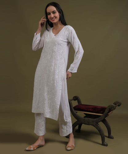 RUMI White Rayon Full Jaal Work Palazzo Set