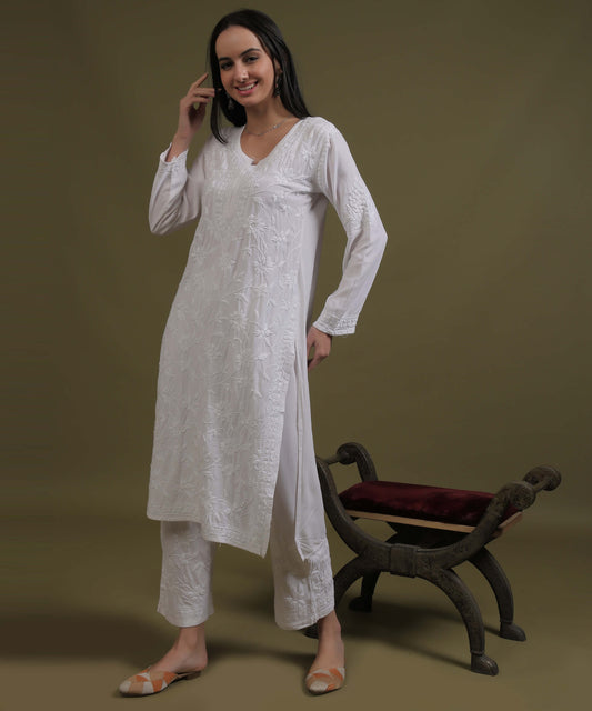 RUMI White Rayon Full Jaal Work Palazzo Set