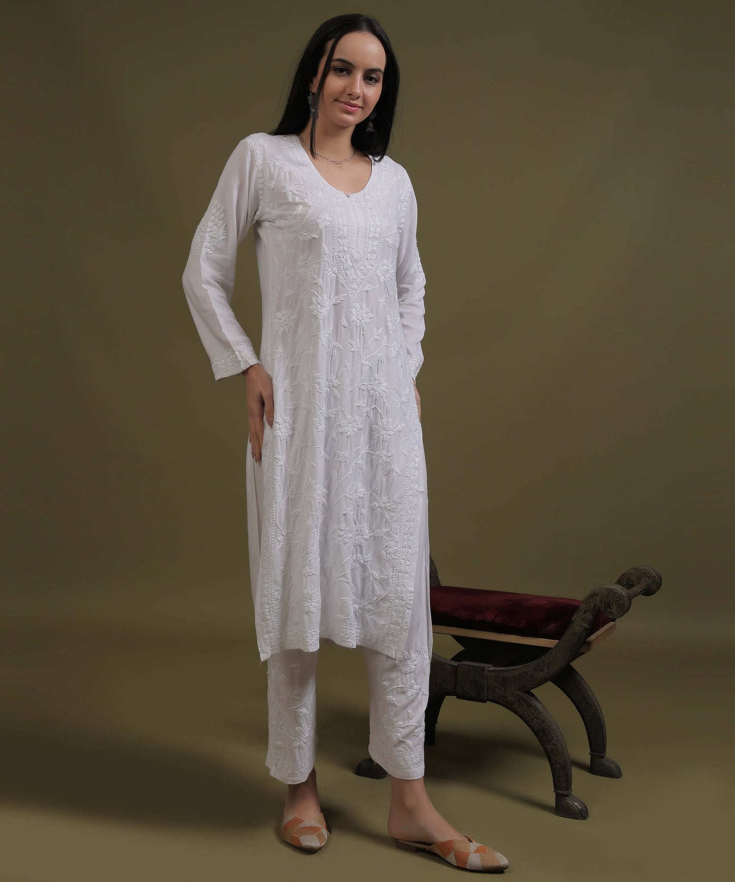 RUMI White Rayon Full Jaal Work Palazzo Set