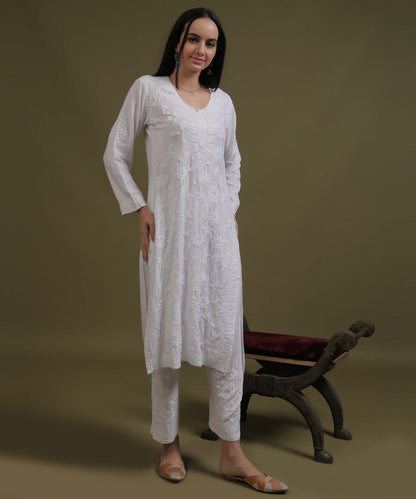RUMI White Rayon Full Jaal Work Palazzo Set