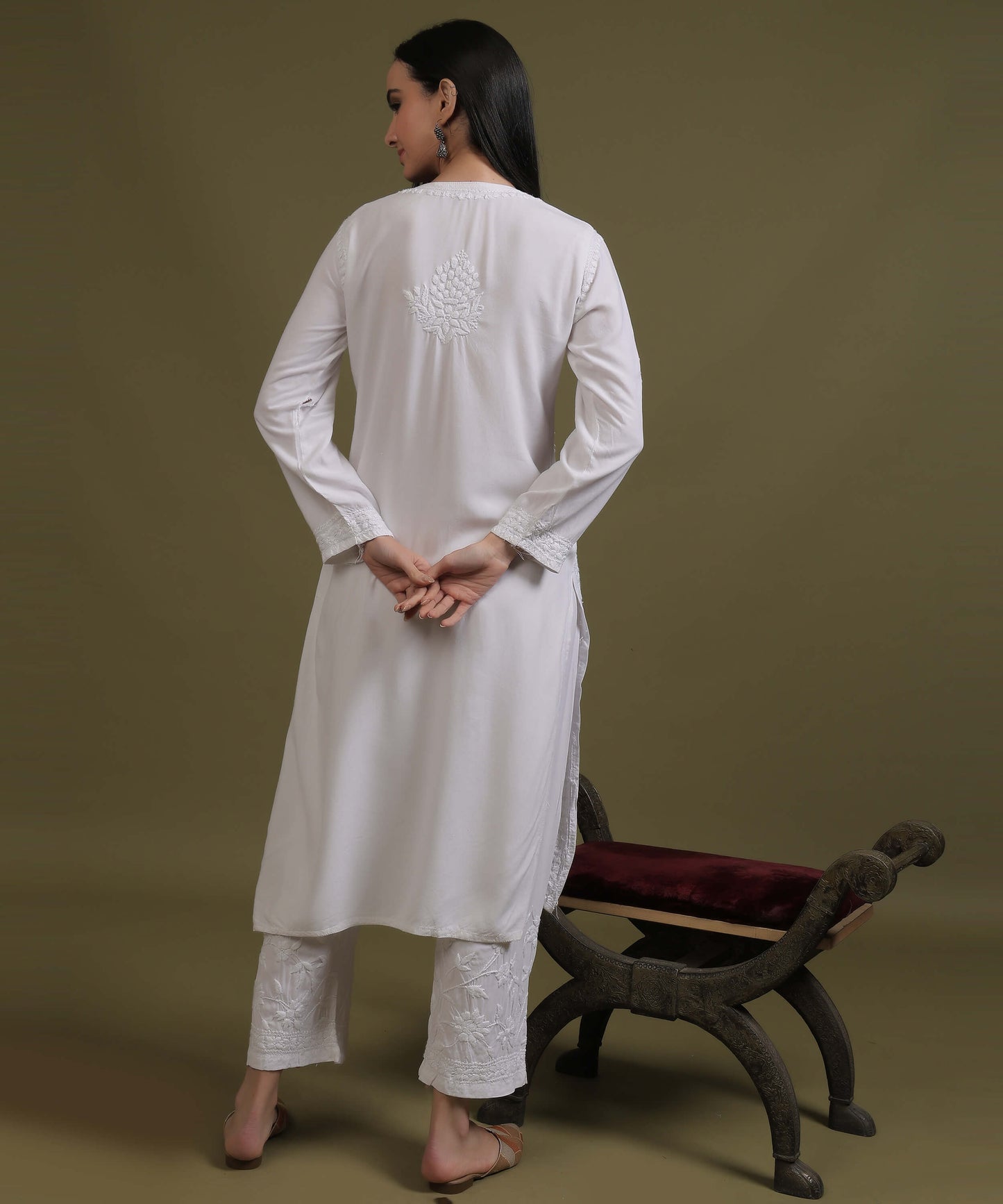 RUMI White Rayon Full Jaal Work Palazzo Set