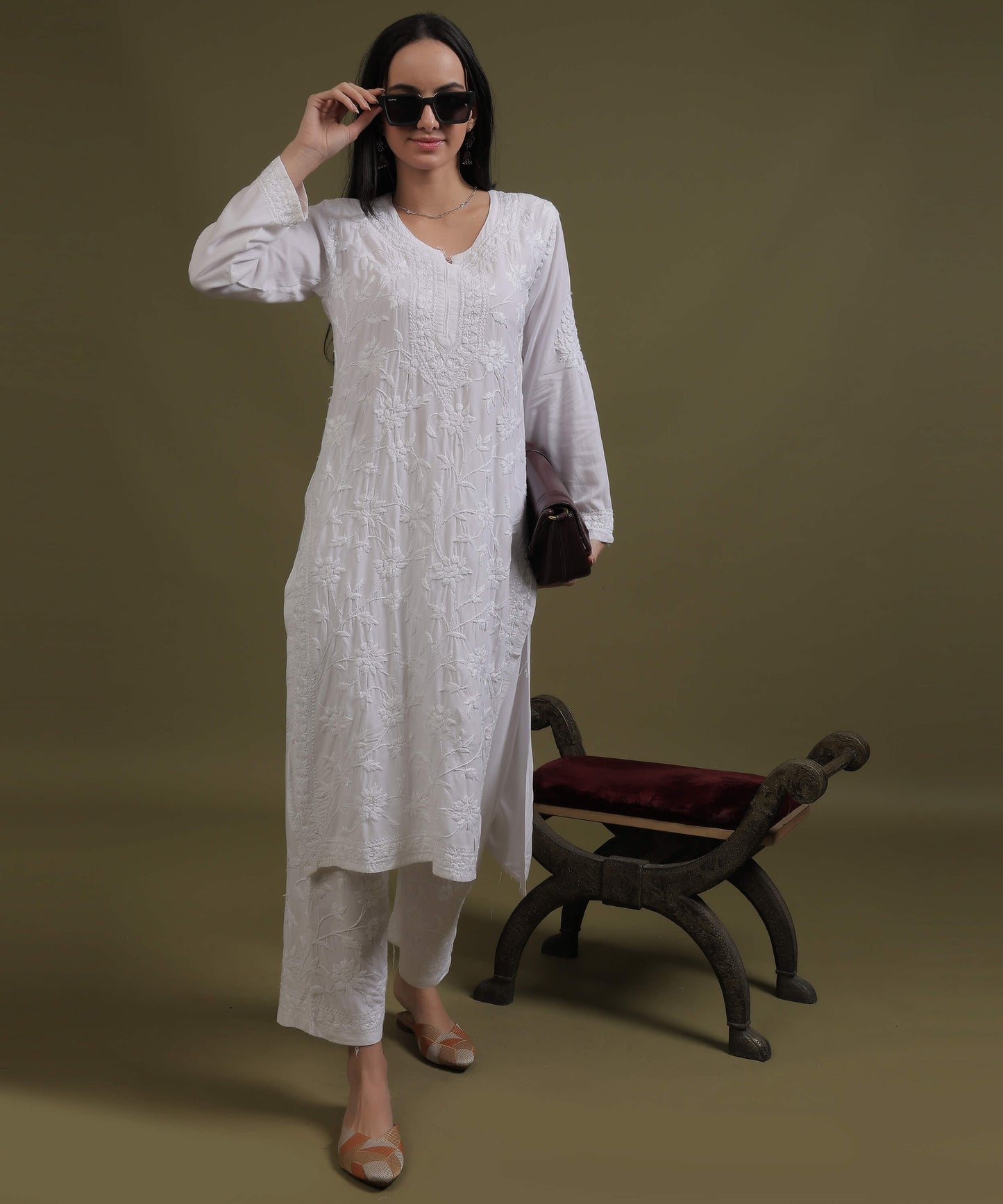 RUMI White Rayon Full Jaal Work Palazzo Set