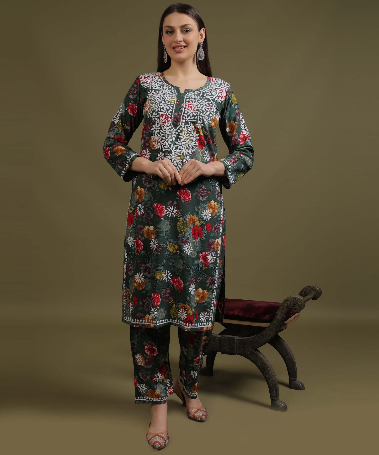 NEA Chikankari Rayon Printed Bottle Green Palazzo Set With White Embroidery