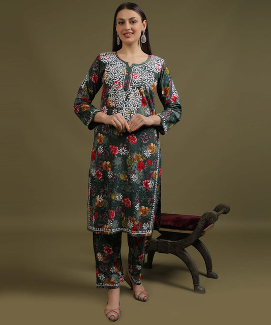 NEA Chikankari Rayon Printed Bottle Green Palazzo Set With White Embroidery