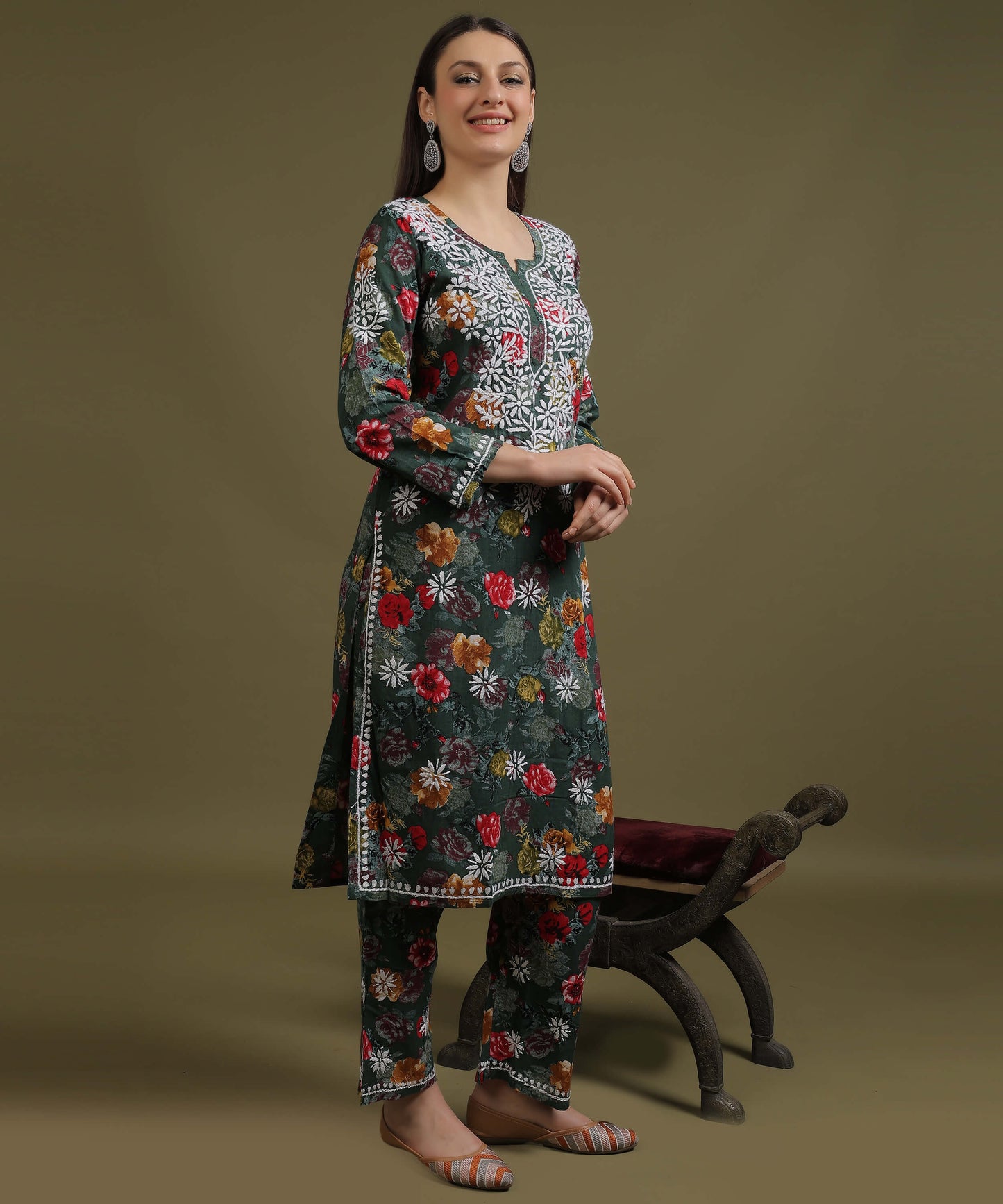 NEA Chikankari Rayon Printed Bottle Green Palazzo Set With White Embroidery