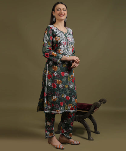 NEA Chikankari Rayon Printed Bottle Green Palazzo Set With White Embroidery