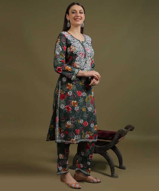 NEA Chikankari Rayon Printed Bottle Green Palazzo Set With White Embroidery
