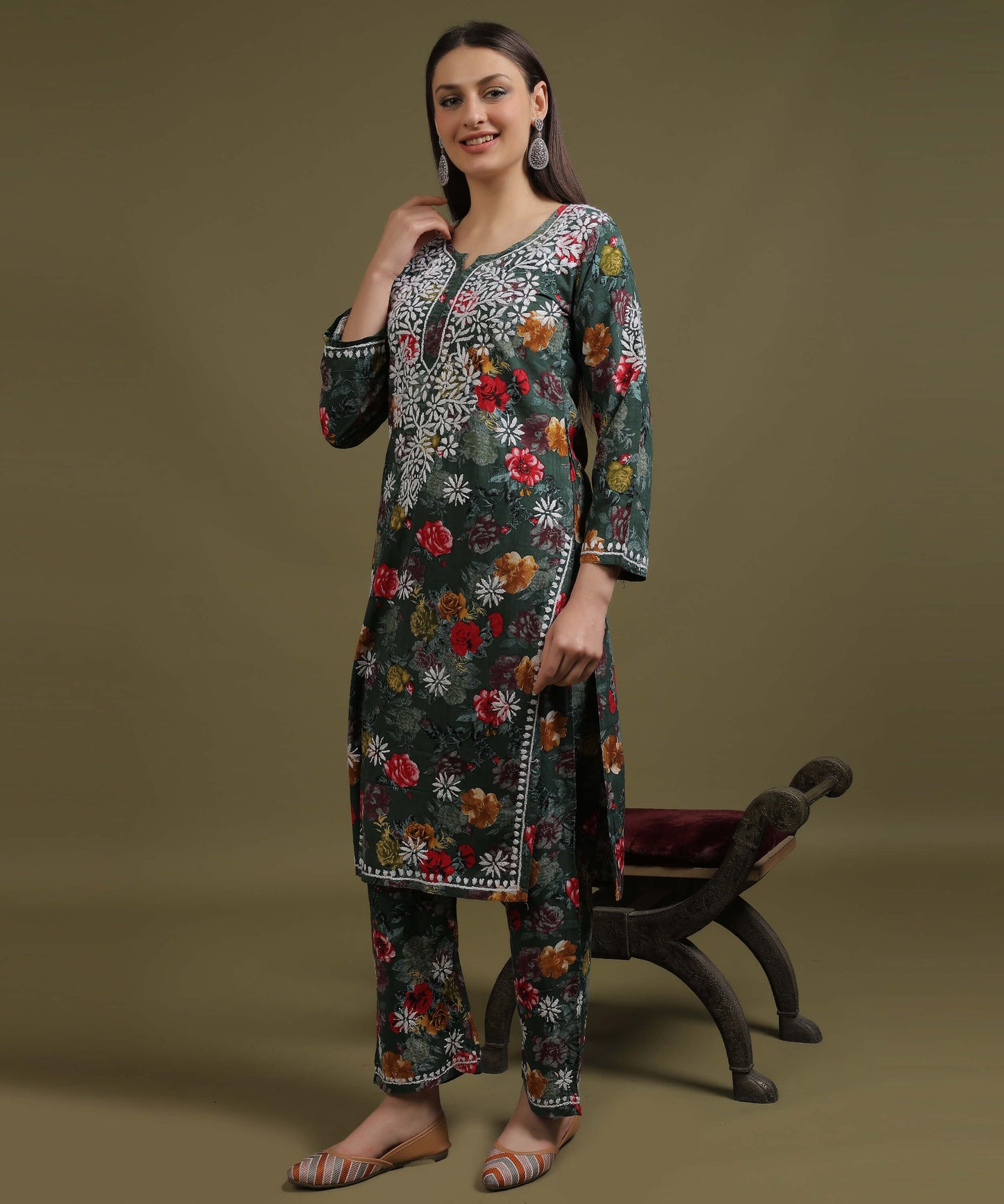 NEA Chikankari Rayon Printed Bottle Green Palazzo Set With White Embroidery