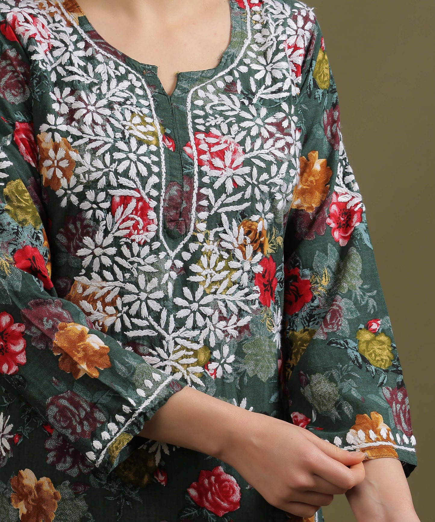 NEA Chikankari Rayon Printed Bottle Green Palazzo Set With White Embroidery