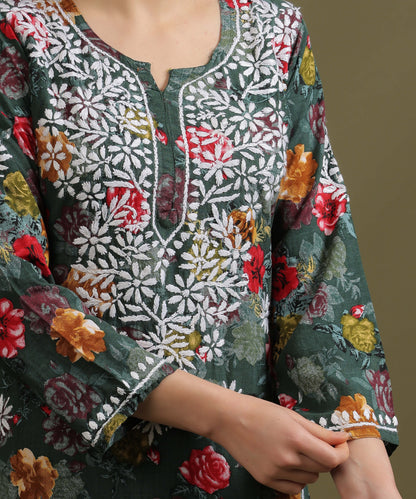 NEA Chikankari Rayon Printed Bottle Green Palazzo Set With White Embroidery