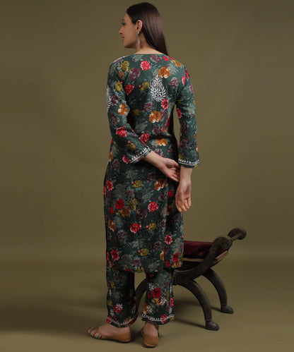 NEA Chikankari Rayon Printed Bottle Green Palazzo Set With White Embroidery