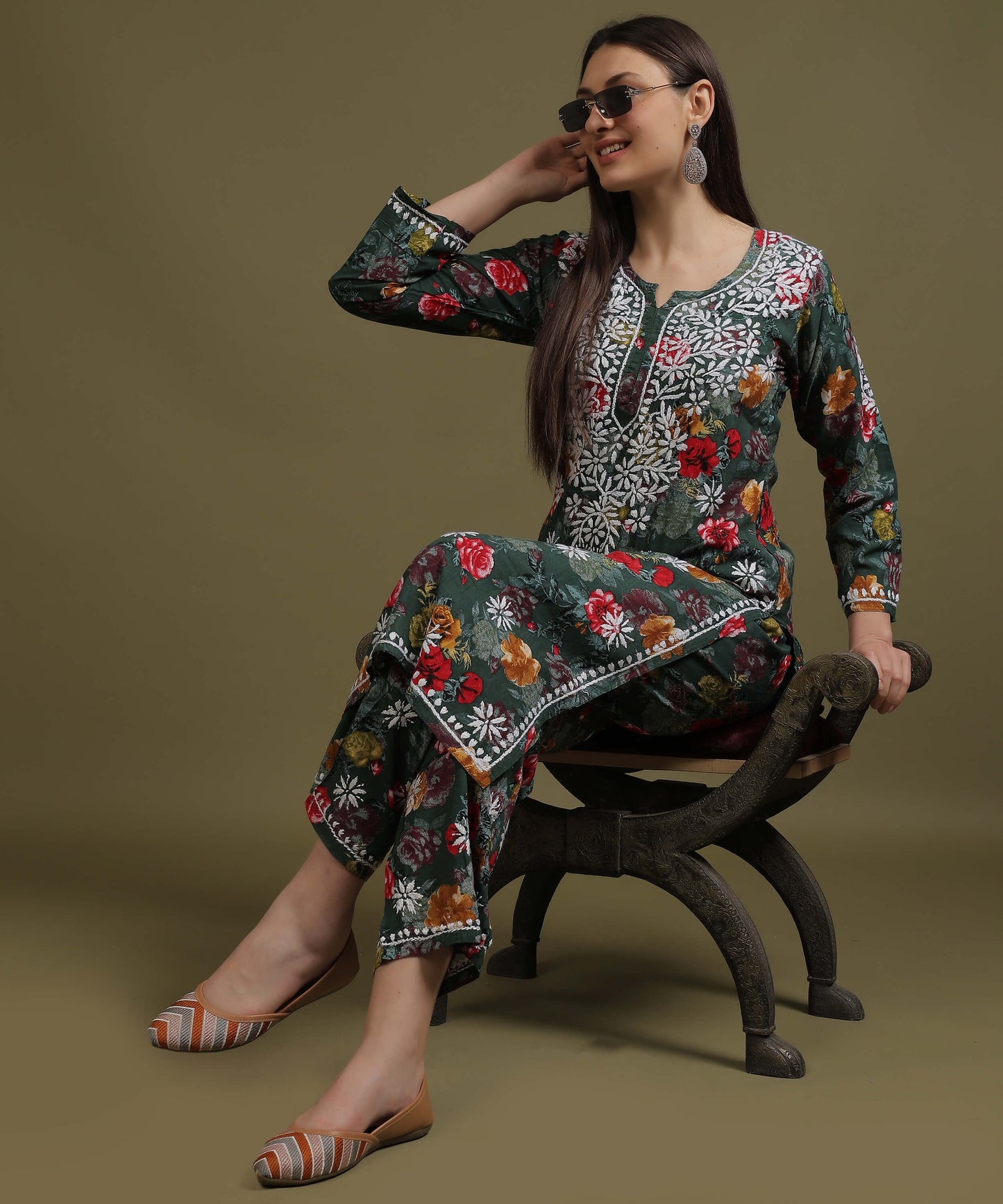 NEA Chikankari Rayon Printed Bottle Green Palazzo Set With White Embroidery