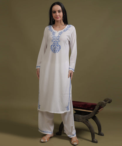 NEA Chikankari White Neckwork Rayon Palazzo Set With Blue Embroidery