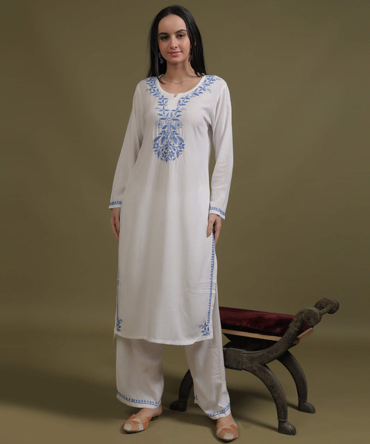 NEA Chikankari White Neckwork Rayon Palazzo Set With Blue Embroidery