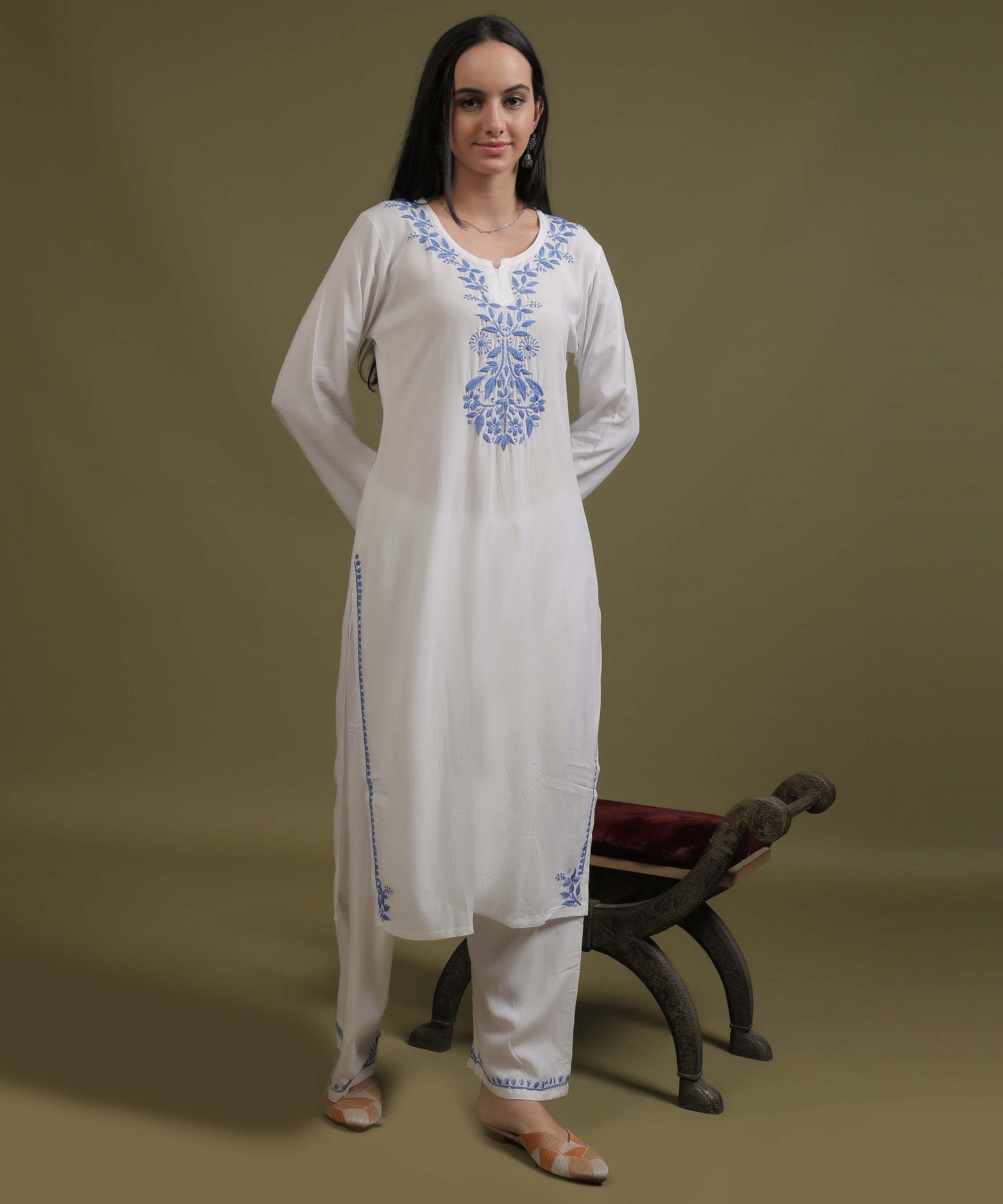 NEA Chikankari White Neckwork Rayon Palazzo Set With Blue Embroidery