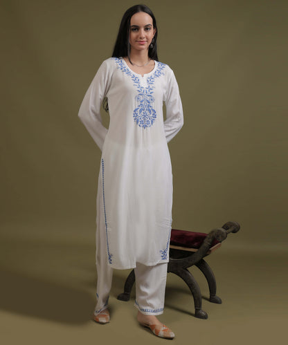 NEA Chikankari White Neckwork Rayon Palazzo Set With Blue Embroidery