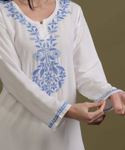 NEA Chikankari White Neckwork Rayon Palazzo Set With Blue Embroidery