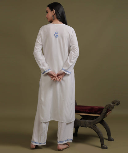 NEA Chikankari White Neckwork Rayon Palazzo Set With Blue Embroidery