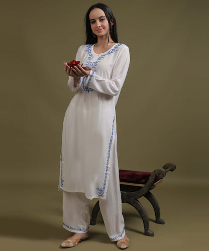 NEA Chikankari White Neckwork Rayon Palazzo Set With Blue Embroidery