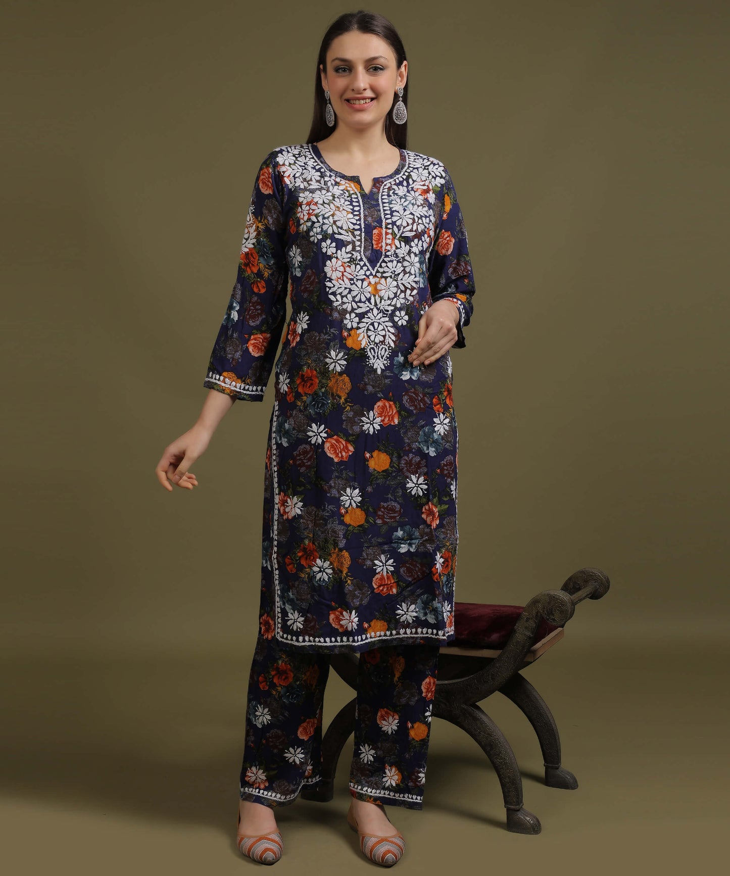 NEA Chikankari Rayon Printed Navy Blue Palazzo Set With White Embroidery