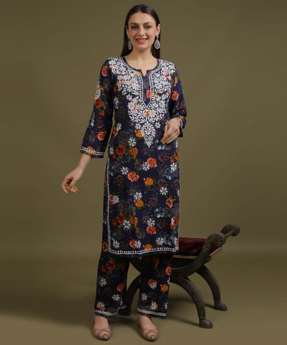 NEA Chikankari Rayon Printed Navy Blue Palazzo Set With White Embroidery