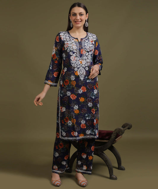 NEA Chikankari Rayon Printed Navy Blue Palazzo Set With White Embroidery