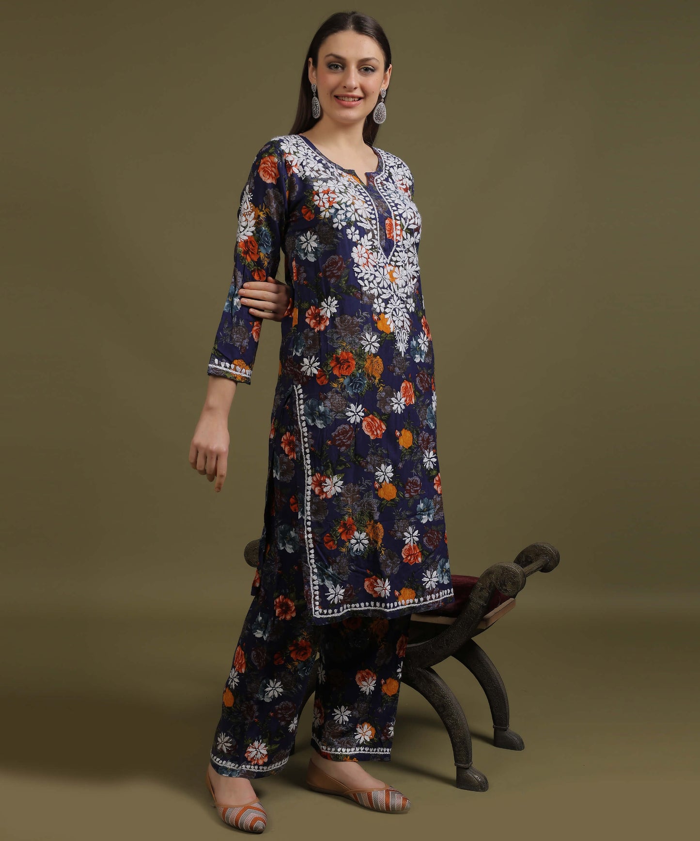 NEA Chikankari Rayon Printed Navy Blue Palazzo Set With White Embroidery
