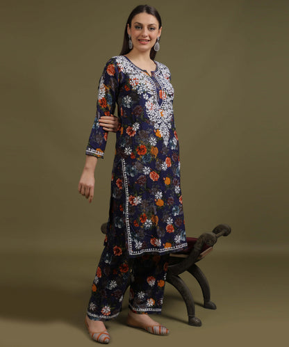 NEA Chikankari Rayon Printed Navy Blue Palazzo Set With White Embroidery